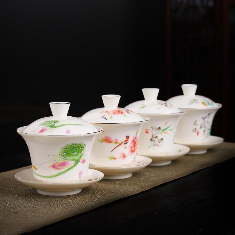 羊脂玉陶瓷功夫茶具盖碗德化白瓷三才盖碗茶具配件敬茶碗泡茶碗