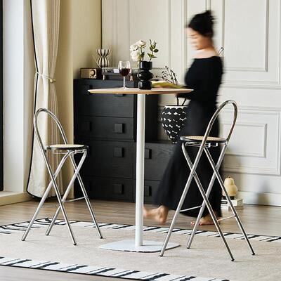 北欧吧台椅可折叠椅子加高靠背椅实木藤编家用轻奢高级感高脚凳子