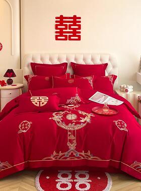 高档大红色婚庆被四件zd婚庆刺中式龙凤刺绣磨毛新套房喜被套结婚