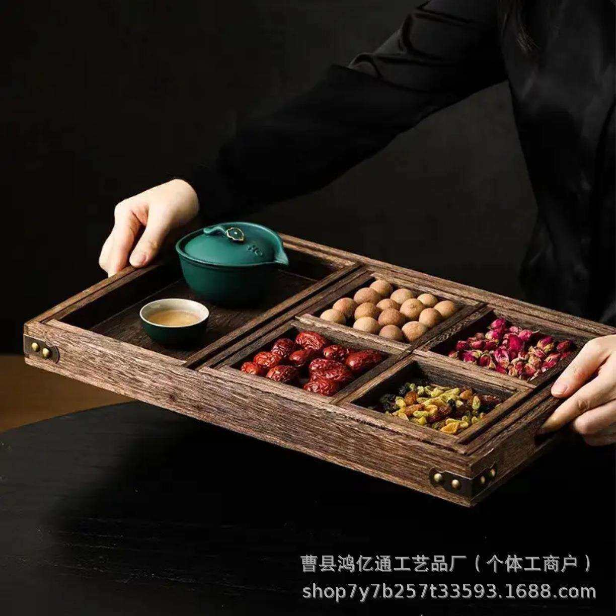 跨境实木围炉煮茶盘茶具套装分割餐盘桌面多功能七件套托盘