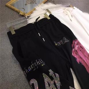 重工烫钻卫女轻奢花朵高腰显瘦束脚运动 300斤胖m新款 特大码