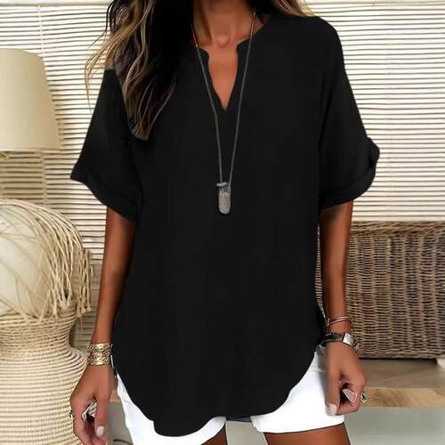 Women'S Loose V-Neck Drop Shoulder Plain Top Shirt Summer