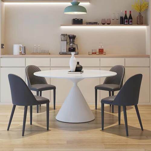 意式岩板餐桌简约纯白色圆桌家用圆形内嵌式转盘小户型饭桌德利丰