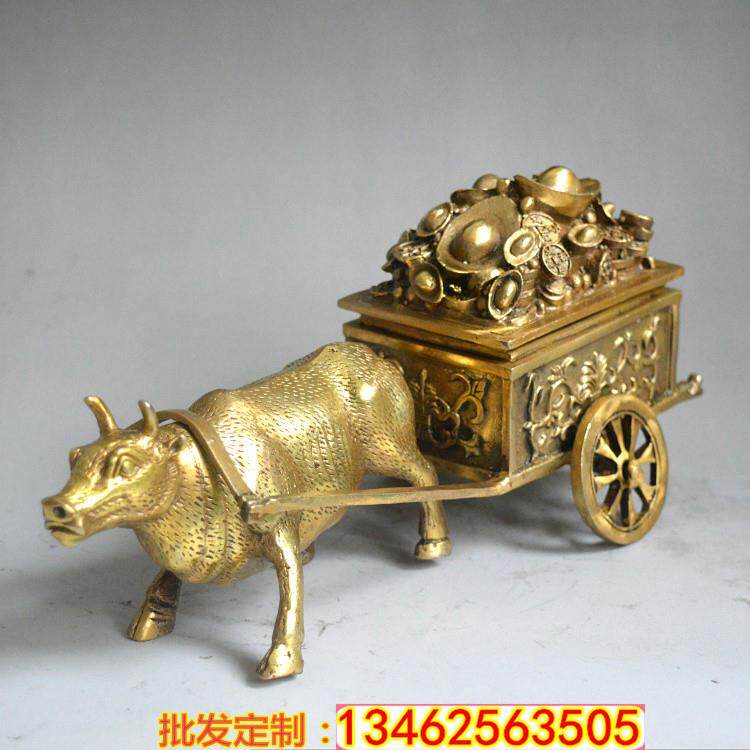 厂家直销纯铜牛拉车摆件生肖牛财运牛拉元宝家居风水装饰品摆设