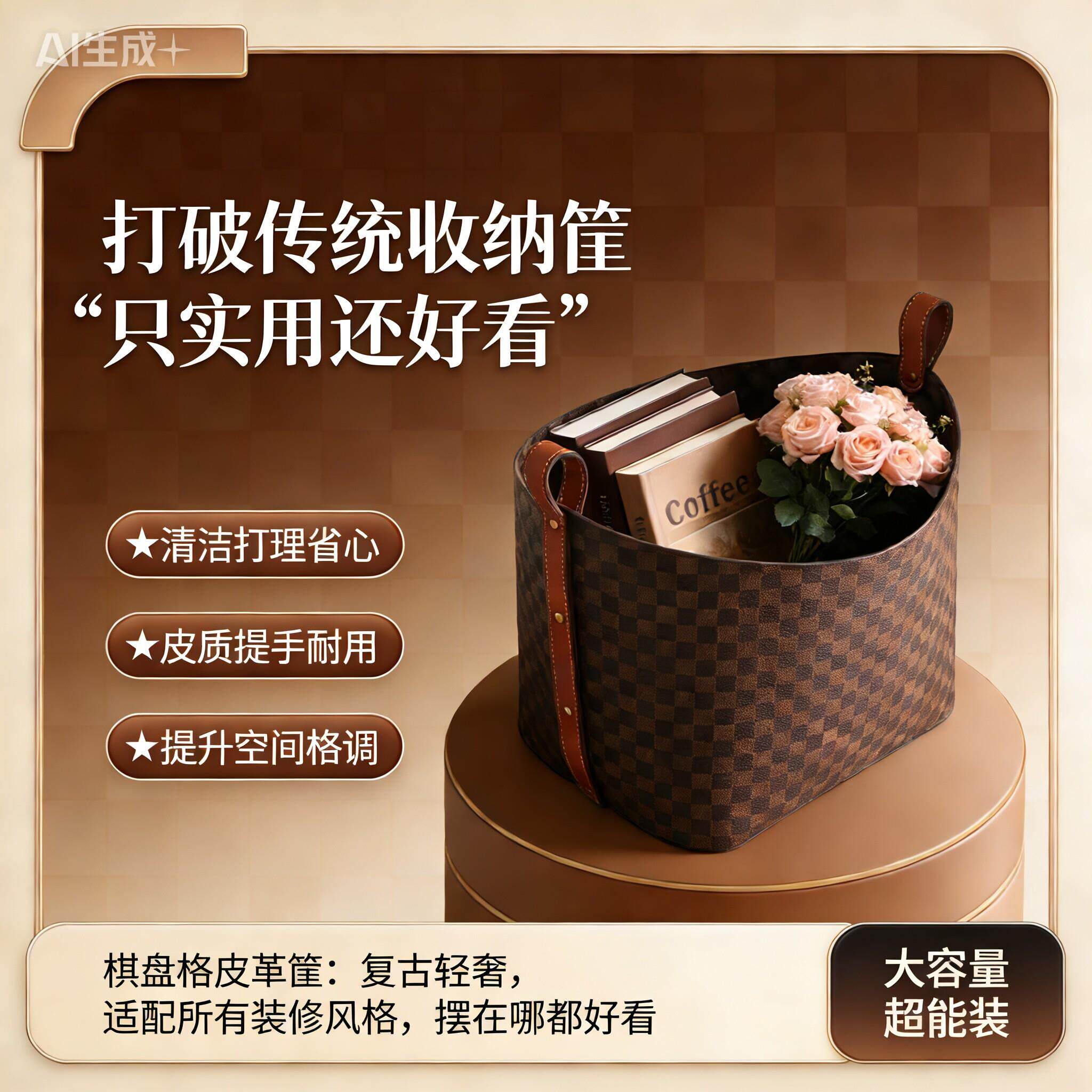 大容量脏衣篓棋盘格元素收纳筐手工编织多功能脏衣篮皮革储物篮