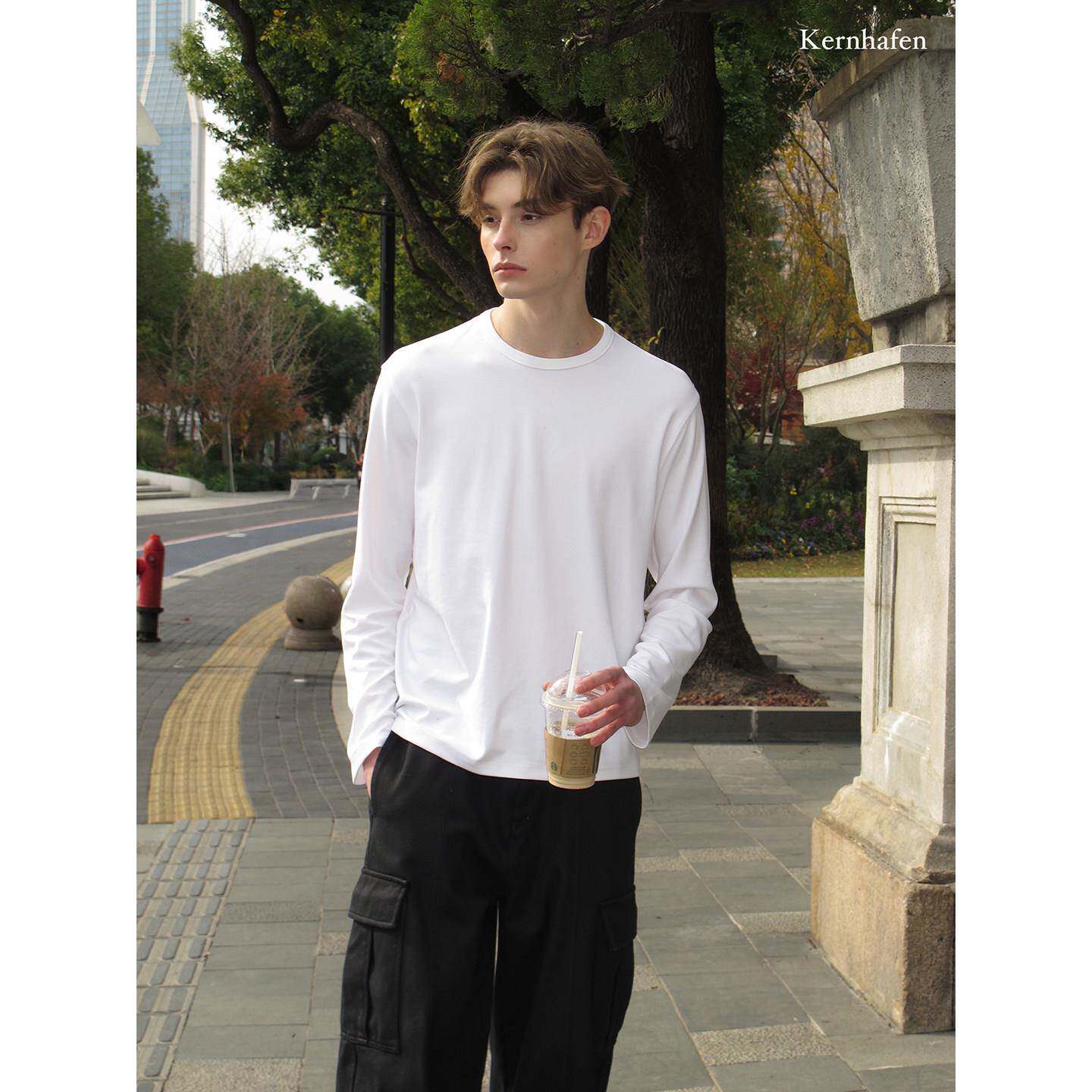 长袖t恤男春夏季纯色圆领白色上衣高级感痞帅| kernhafen柯恩哈芬