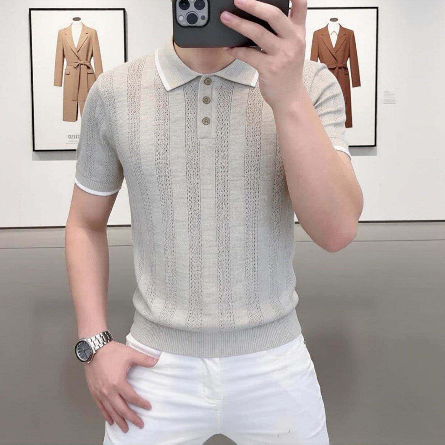 翻领针织短袖男士Polo衫夏季新款时尚镂空修身商务休闲冰丝T恤帅