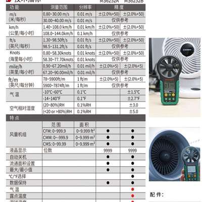 MASTECH东莞华仪MS6252A数字风速仪MS6252B风速 风量风速计风温度