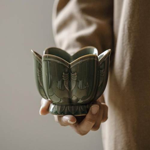 耀州窑梅子青瓷莲座茶洗杯洗建水茶道配件手工雕刻莲花水盂