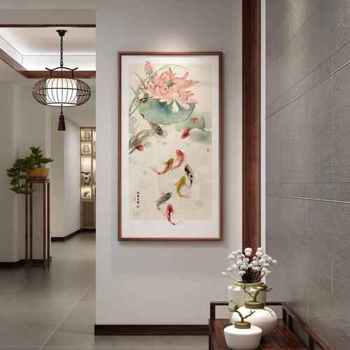 九鱼图荷花挂画玄关画牡丹墙画现代新中式壁画过道走廊客厅装饰画