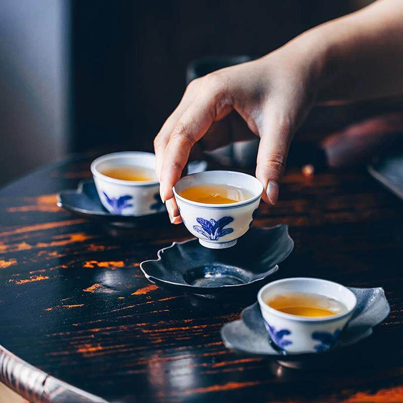 学古|不二青花百财杯白菜杯整套6只客用杯中式景德镇复古风品茗杯