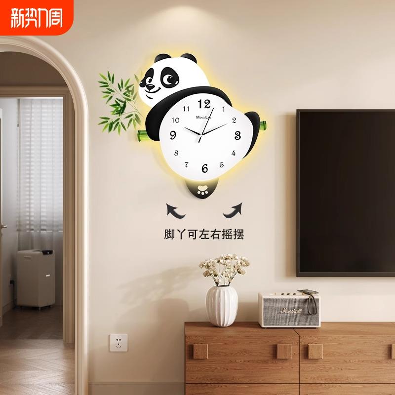 熊猫发光摇摆挂钟客厅装饰画时钟新简约现代餐厅沙发背景墙壁挂画图片