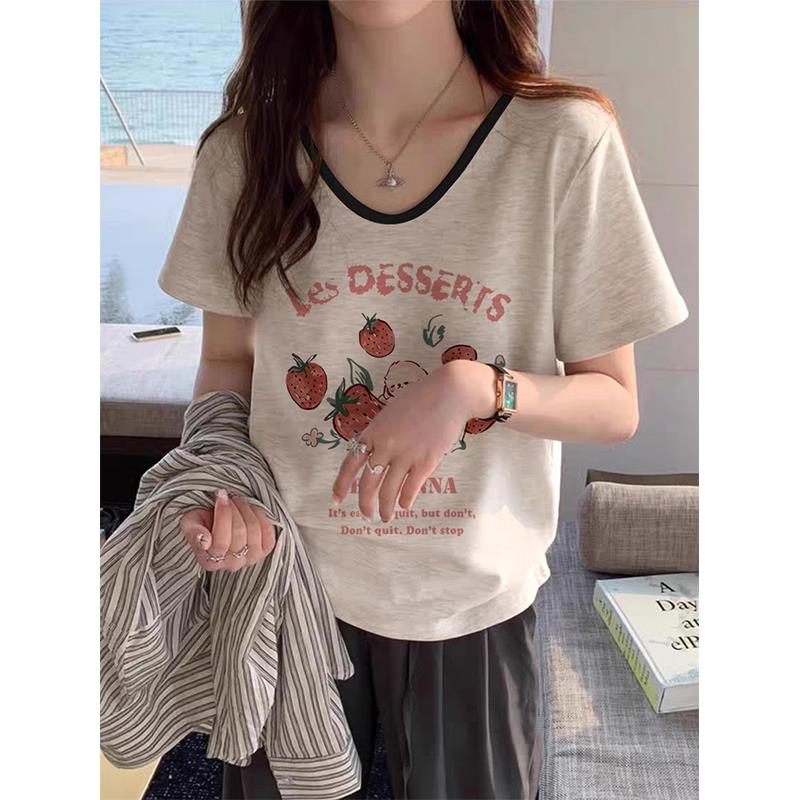 美式复古v领正肩短袖印花t恤女2025新款爆款夏季显瘦遮肚子上衣潮