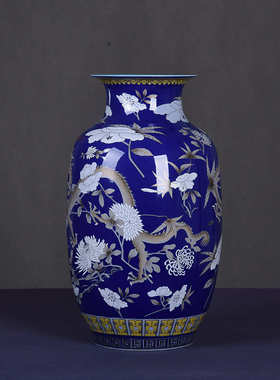 大雅斋粉彩蓝色龙纹特色花瓶摆件桌面装饰品插花器皿日式花道花器