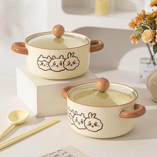 Double Handle Ceramic Cute Lidded Ramen Bowl College Dorm