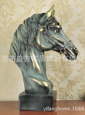 仿青铜色马头雕塑摆件美式创意摆件酒店家居装饰品树脂工艺品