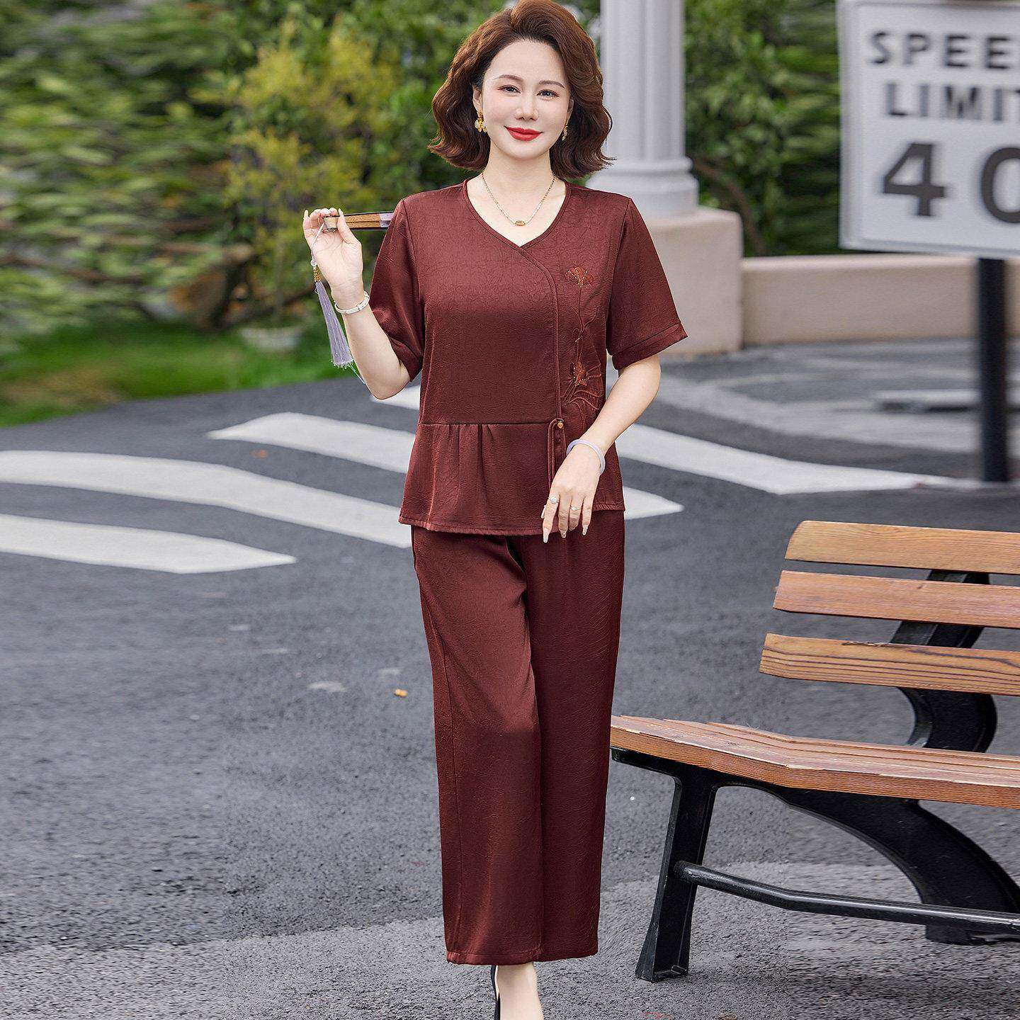 气质中年T恤女短袖夏装桑蚕丝100%两件套妈妈纯色真丝V领上衣薄款