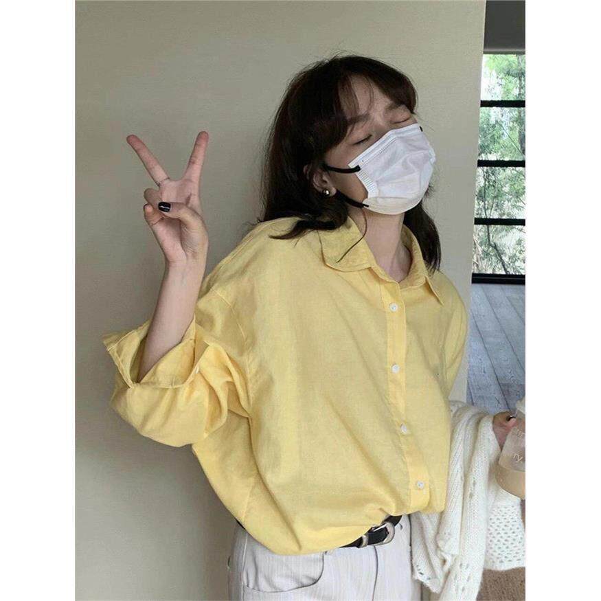 NextMary棉麻显白黄色长袖衬衫女春夏季简约休闲衬衣法式气质上衣