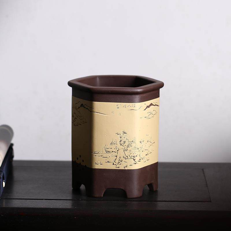 紫砂兰花盆名家蒯多辉款六角形六方形通转山水手工盆景盆觅陶乡