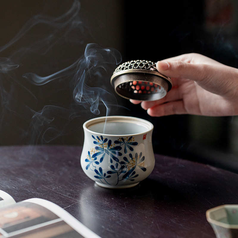 纯手绘桂花功夫茶道香炉家用室内檀香熏炉中式茶室摆件陶瓷沉香罐