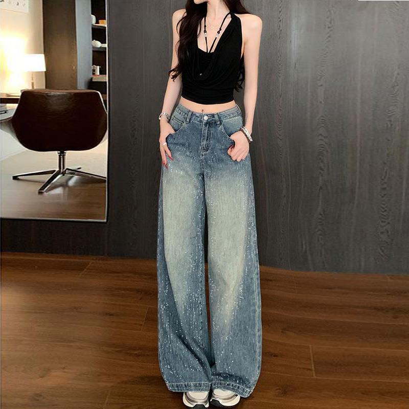 李李服饰满天星河烫钻阔腿牛仔裤女2025夏季高腰宽松高级感拖地裤
