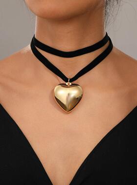 Double layered velvet heart-shaped collar necklace耳环