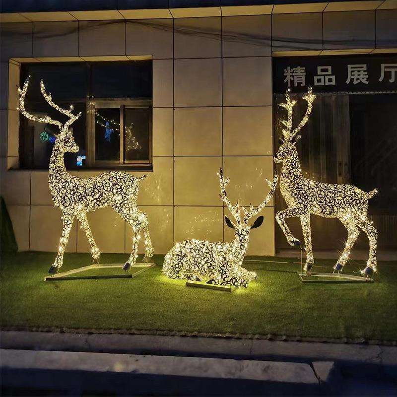 大型不锈钢发光鹿雕塑广场公园小区户外草坪镜面拉丝镂空大型摆件