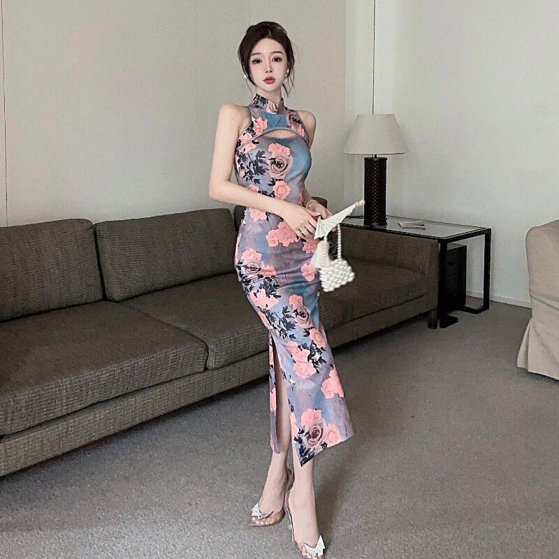 夏气质镂空露背无袖连衣裙主播服装女拍照氛围感裙子复古印花长裙