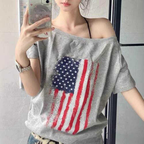 Flag shoulder short sleeved T-shirt for women, slimming top