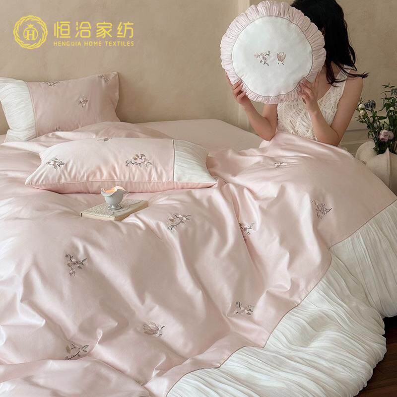少女心超柔长绒棉四件套纯棉花卉刺绣1.2m拼接被套床笠床品粉紫色
