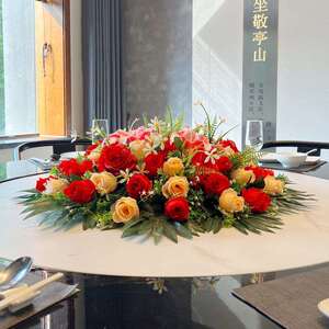 饭摆店桌花绢花圆桌装饰花餐桌桌台花圆花艺酒店F98HMH7M大圆桌中