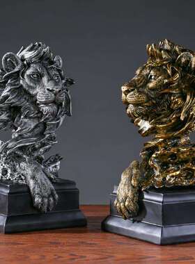 美式复古动物仿铜狮子头像树脂工艺品摆件玄关办公室酒柜软装装饰