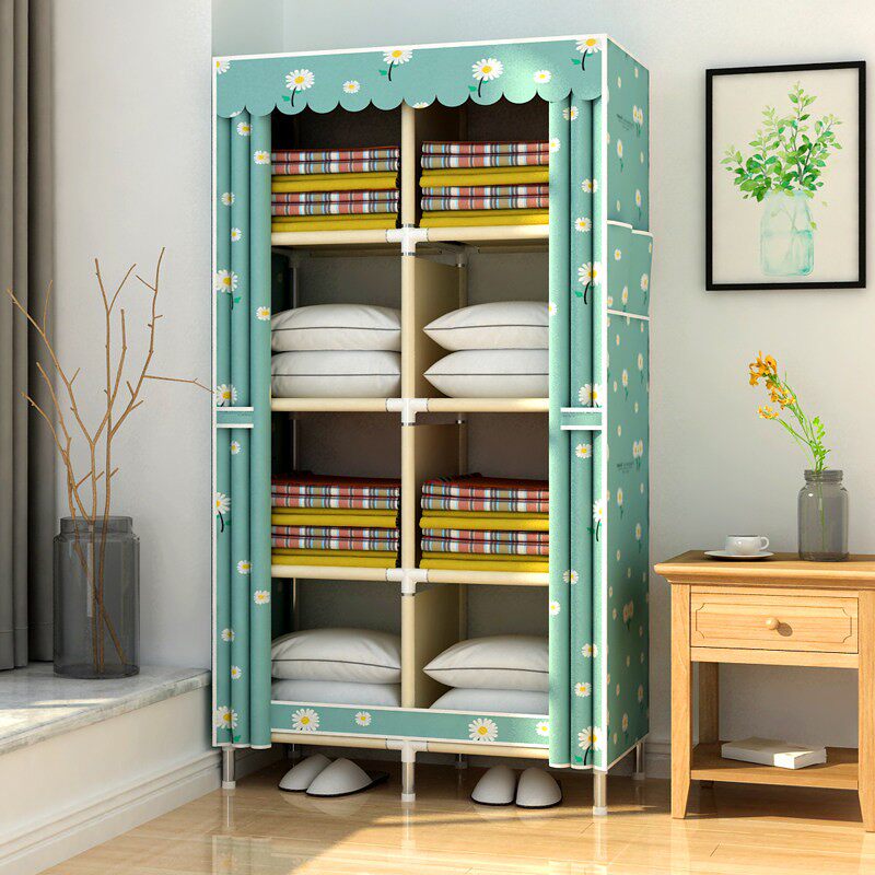 出租房衣柜钢管简易组装牛津布家用卧室结实耐用收纳架加固小衣橱