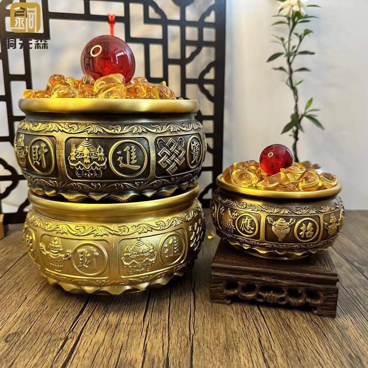厂家黄铜聚宝盆摆件有求必应铜聚宝盆莲花底座聚宝盆家居摆件