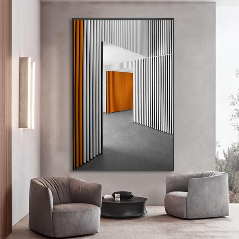 转角 现代简约走廊建筑装饰画客厅沙发落地挂画橙色竖版大幅壁画