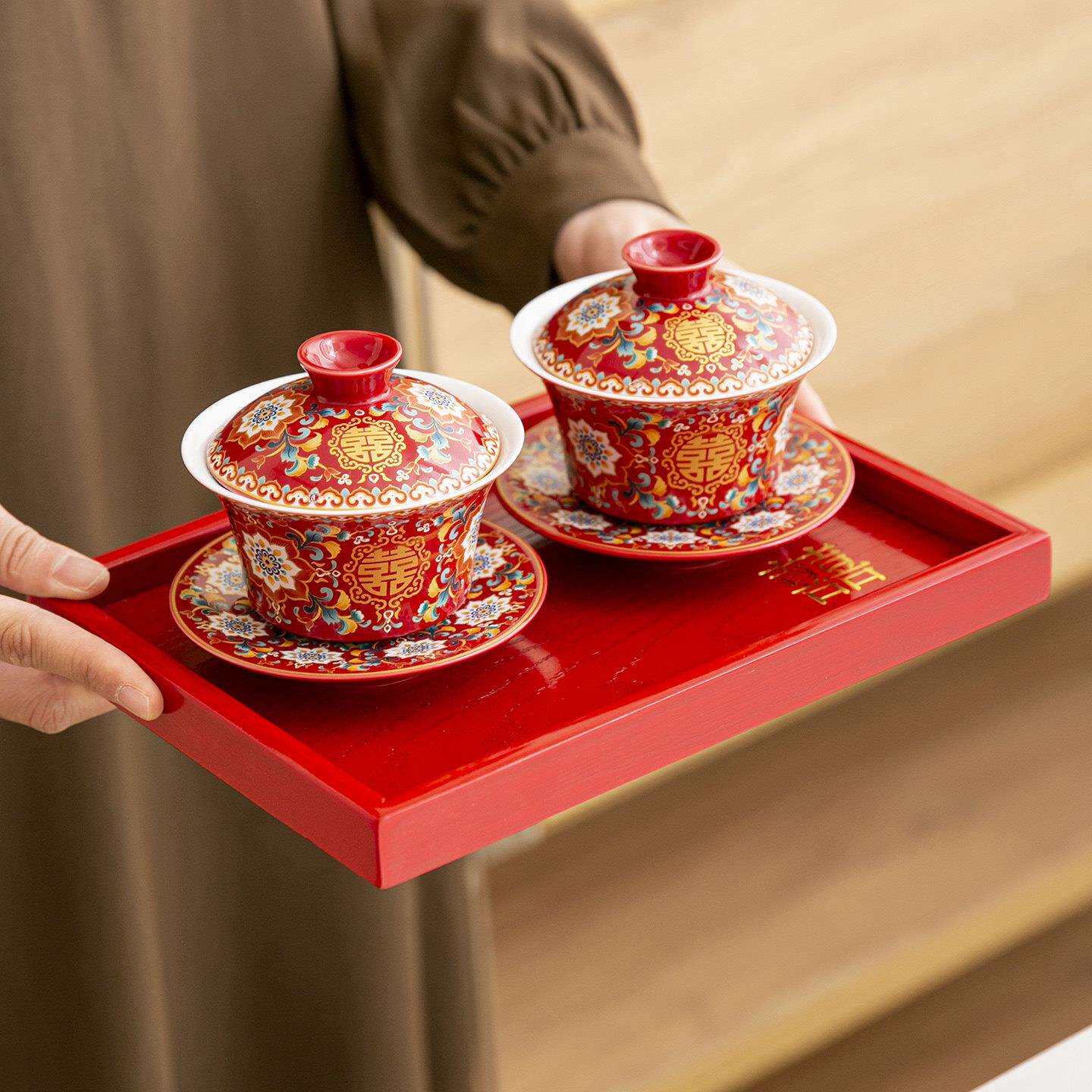 结婚碗茶杯套唐洁（餐装珐瑯彩婚庆红色口杯子陶瓷喜敬碗改新婚筷