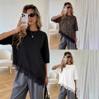 White Oversized Basic Lace Trim T-Shirt Top for Women Round