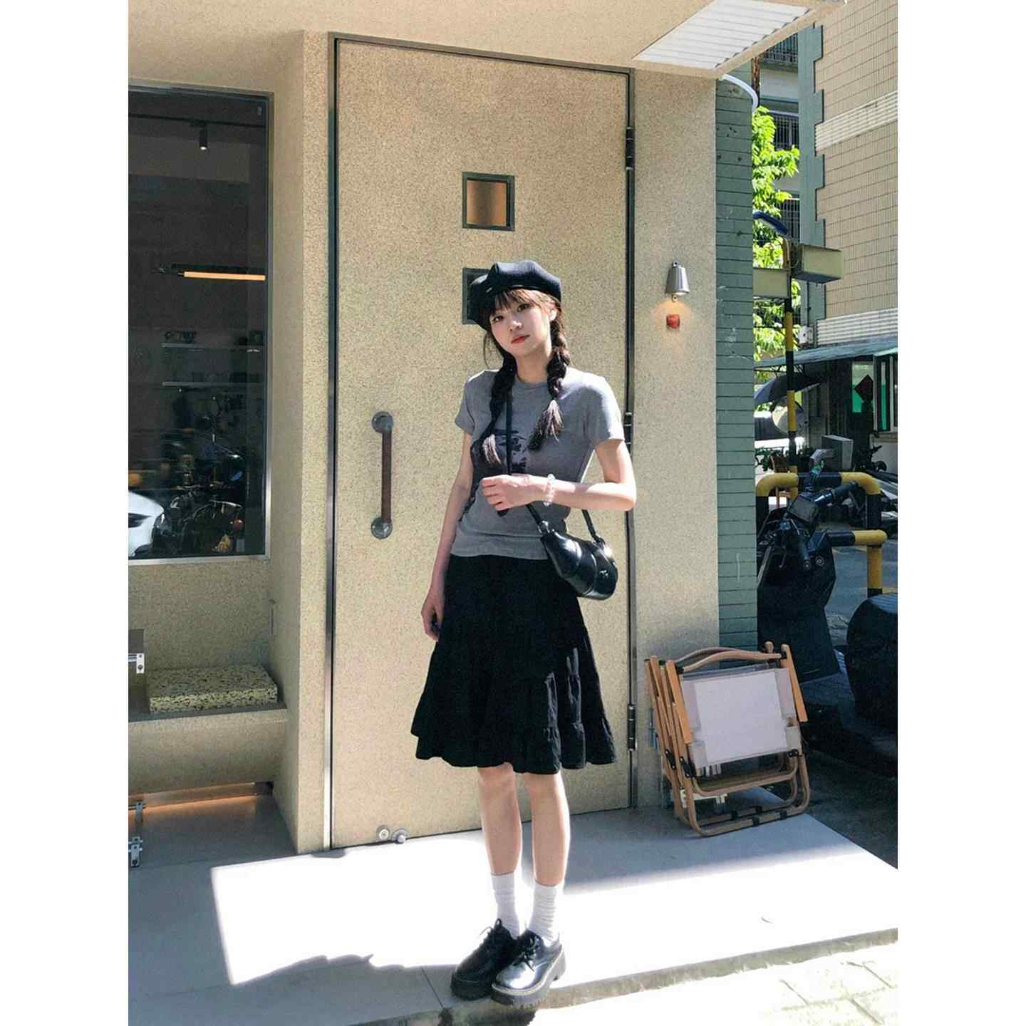 自制日系甜美黑色拼接半身短裙女夏季小个子设计感褶皱高腰蛋糕裙