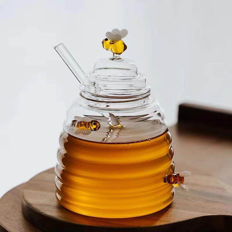 玻璃蜂蜜罐高硼硅透明蜂蜜瓶带搅拌棒储物罐果酱瓶带盖收纳罐跨境
