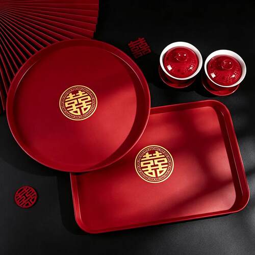 婚礼红色果盘喜字圆形敬茶盘婚宴喜糖方盘高颜值婚礼托盘结婚庆典