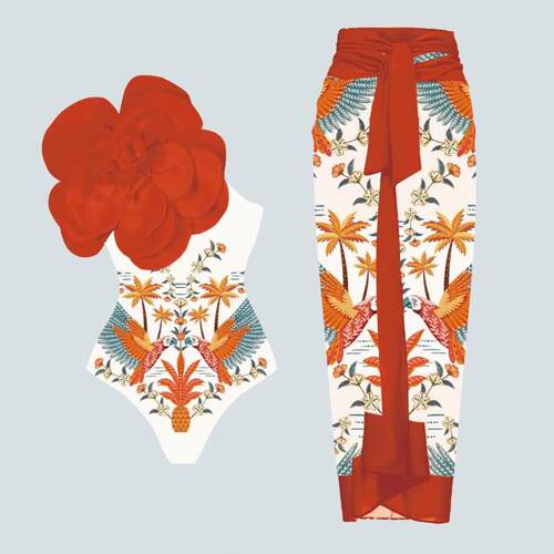 One-piece swimsuit with large floral decoration and