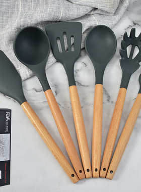 kitchen木柄硅胶厨具6件套 厨房用具多功能烹饪勺铲锅铲厨具套装