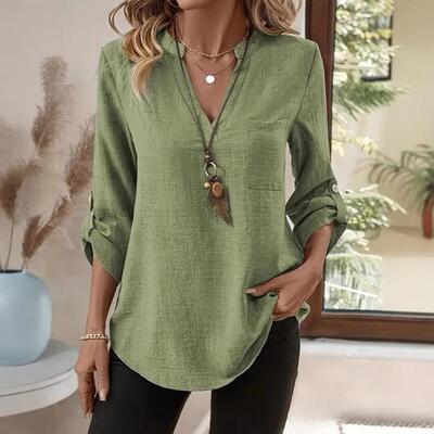 Women Plain V Neck Ruched Shirt Casual Fitting Blouse Tops