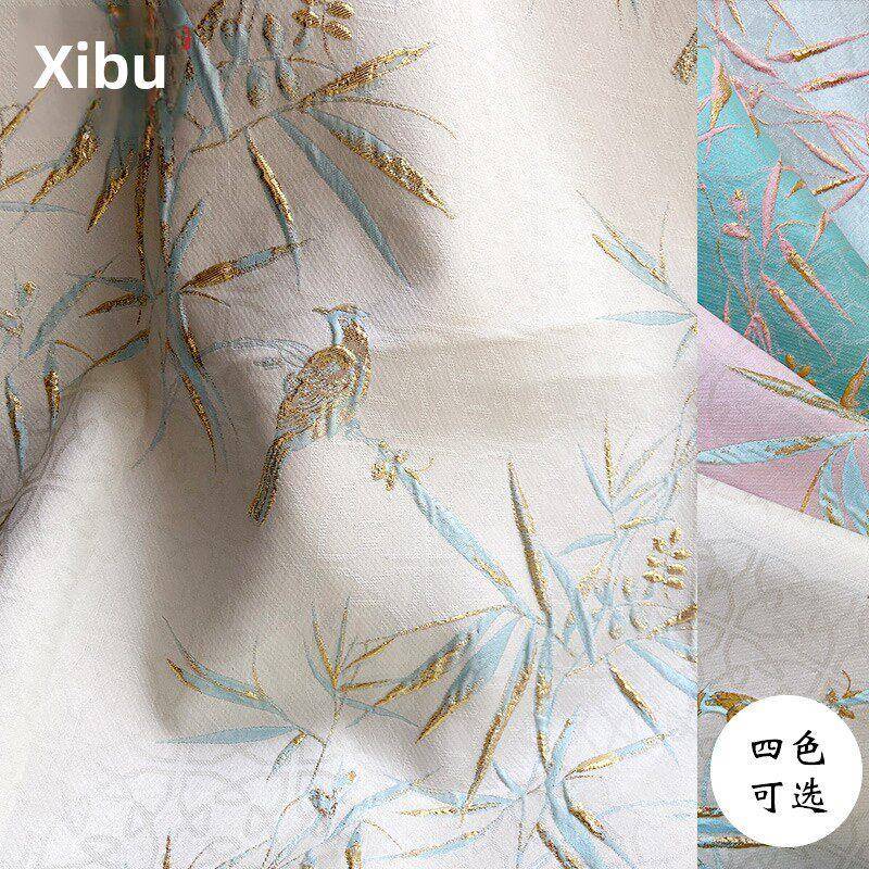 tj浮雕竹叶鸟提花马卡龙色调手3D立体廓形油画艺术面料高定布料