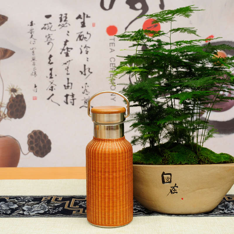 不锈钢遗水壶竹丝304老四川手工艺茶杯扣竹编瓷非瓷胎保温杯送