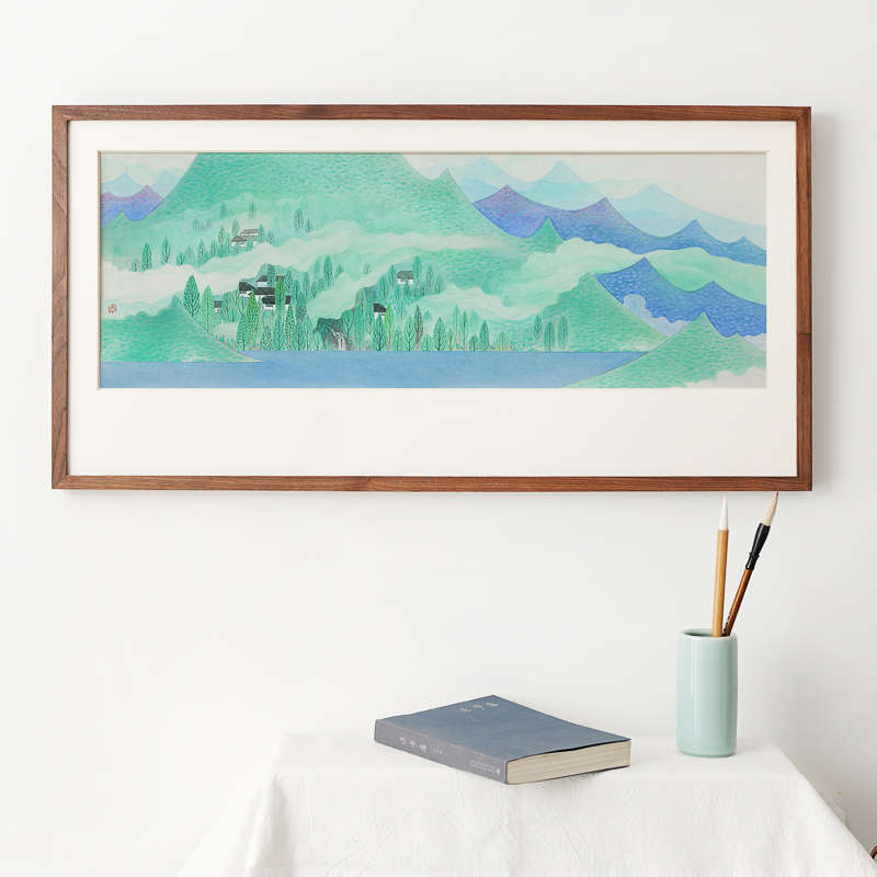 李旭青绿山水墨画山峰彩色横版床头沙发客厅书房装饰画新中式挂画图片