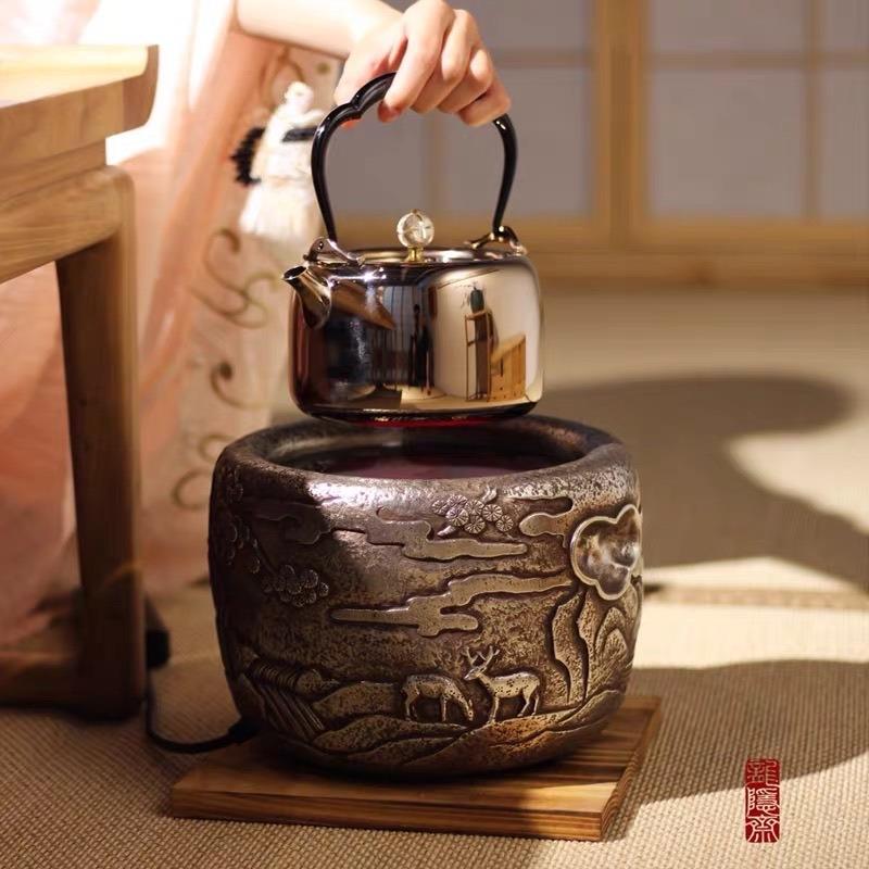 龙隐斋电陶炉圆满高山岩士熏金银煮茶炉手工静音陶瓷煮茶器电茶炉