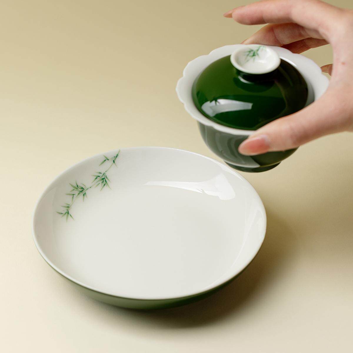 束刻 竹叶绿圆融壶承原矿色釉高温手绘陶瓷茶点盘高颜值茶道配件
