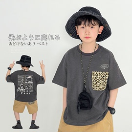 男童短袖t恤夏季竹节棉薄款灰色潮牌圆领儿童半袖豹纹兜日系上衣