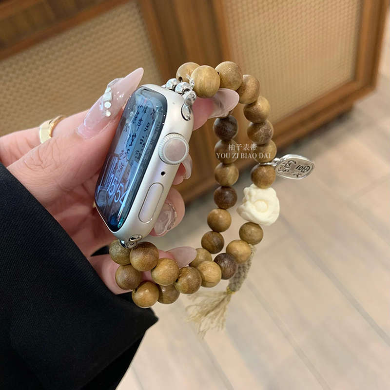 新中式绿檀串珠表带适用AppleWatch S9苹果手表带S98765代SE通用